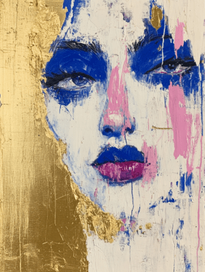 A close-up abstract portrait with bold blue and pink strokes, set against a shimmering gold background, featuring expressive facial features that evoke confidence and allure.