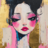 A close-up abstract portrait with bold blue and pink strokes, set against a shimmering gold background, featuring expressive facial features that evoke confidence and allure.