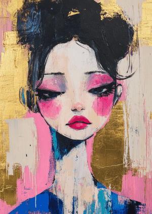 A close-up abstract portrait with bold blue and pink strokes, set against a shimmering gold background, featuring expressive facial features that evoke confidence and allure.