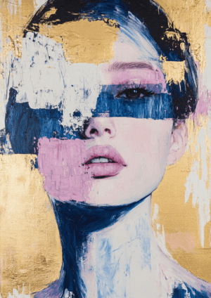 An abstract portrait featuring bold blue and pink strokes, partially obscuring the face against a shimmering gold background, evoking themes of identity, perception, and the complexity of self-image.