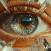 A close-up of an eye with intricate details and vibrant iris colors, surrounded by reflective surfaces and shards of light, creating a mesmerizing visual that explores depth and emotion.