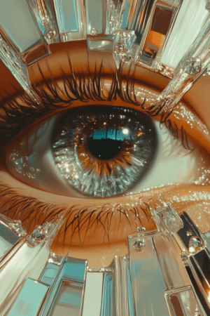 A close-up of an eye with intricate details and vibrant iris colors, surrounded by reflective surfaces and shards of light, creating a mesmerizing visual that explores depth and emotion.