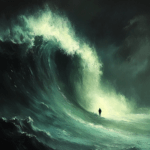 A solitary figure stands facing a towering wave with a dark sky above, showcasing the immense power of nature and human vulnerability in the face of the ocean's forces.