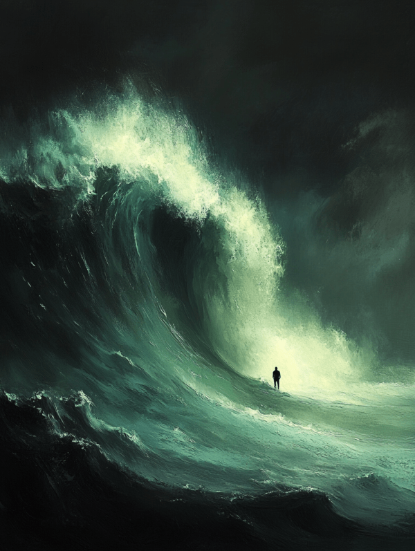 A solitary figure stands facing a towering wave with a dark sky above, showcasing the immense power of nature and human vulnerability in the face of the ocean's forces.
