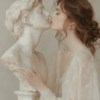 A young woman softly touches the face of a marble bust, with flowing fabric contrasting the cold stone, evoking themes of tenderness, art, and the passage of time in an intimate moment.