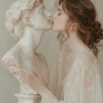 A young woman softly touches the face of a marble bust, with flowing fabric contrasting the cold stone, evoking themes of tenderness, art, and the passage of time in an intimate moment.