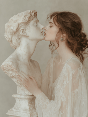 A young woman softly touches the face of a marble bust, with flowing fabric contrasting the cold stone, evoking themes of tenderness, art, and the passage of time in an intimate moment.