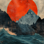 A dramatic landscape art print featuring a fiery red sun setting behind rugged mountains, with turbulent ocean waves in the foreground, capturing the power and beauty of nature.