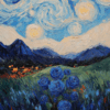 An impressionist painting featuring a vibrant field of blue roses beneath a swirling starry night sky, creating a dreamy, celestial landscape.