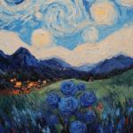 An impressionist painting featuring a vibrant field of blue roses beneath a swirling starry night sky, creating a dreamy, celestial landscape.