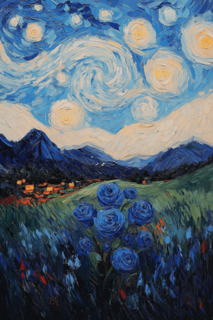 An impressionist painting featuring a vibrant field of blue roses beneath a swirling starry night sky, creating a dreamy, celestial landscape.