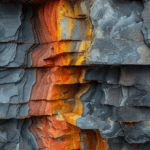 A detailed close-up of layered rock formations with rich reds, oranges, and deep blues, emphasizing the natural textures and vibrant patterns created over time in the earth's geological history.