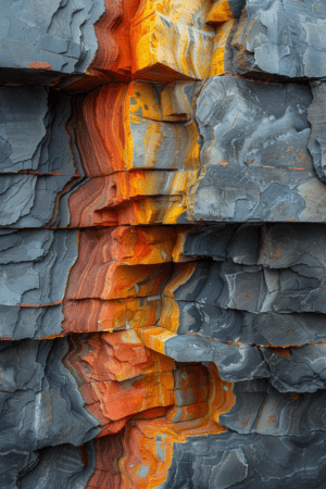 A detailed close-up of layered rock formations with rich reds, oranges, and deep blues, emphasizing the natural textures and vibrant patterns created over time in the earth's geological history.