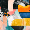An abstract artwork featuring geometric shapes, organic curves, and bold colors like warm oranges, cool blues, and playful pinks, creating a dynamic and expressive composition.
