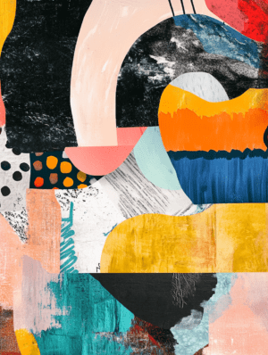 An abstract artwork featuring geometric shapes, organic curves, and bold colors like warm oranges, cool blues, and playful pinks, creating a dynamic and expressive composition.