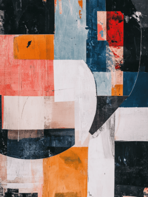 An abstract geometric painting with overlapping rectangles and circles in vibrant orange, deep blue, and soft white, enhanced by textured brushstrokes.
