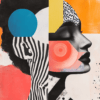 An abstract artwork featuring two contrasting profiles, one with graphic stripes and the other in smooth monochrome, accented by vibrant orange, blue, and coral tones.