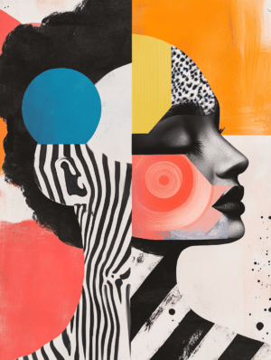 An abstract artwork featuring two contrasting profiles, one with graphic stripes and the other in smooth monochrome, accented by vibrant orange, blue, and coral tones.