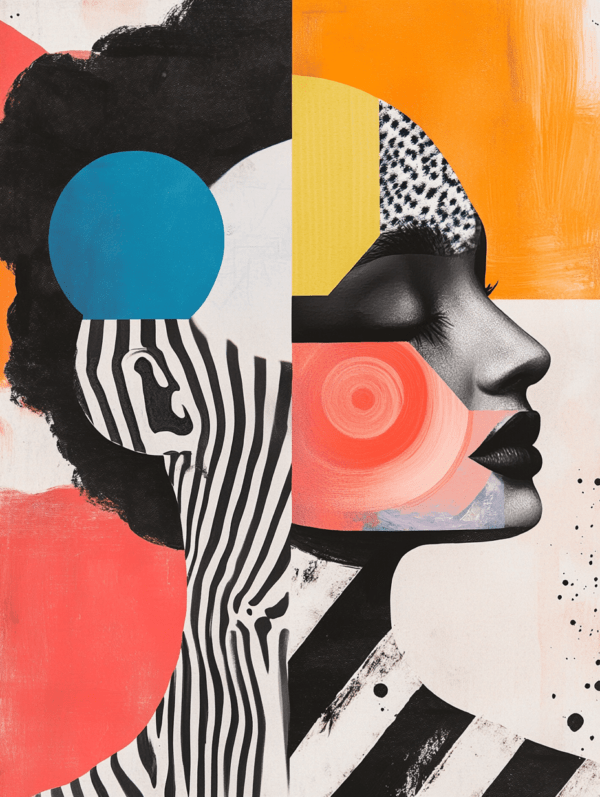 An abstract artwork featuring two contrasting profiles, one with graphic stripes and the other in smooth monochrome, accented by vibrant orange, blue, and coral tones.