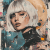 A striking abstract portrait of a woman with a futuristic feel, set against a glowing celestial sphere. Vibrant orange and blue splashes and geometric patterns create depth and movement.