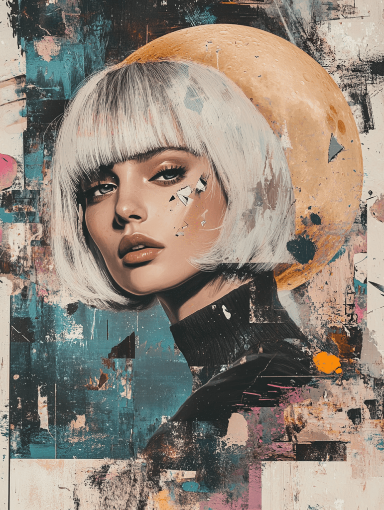 A striking abstract portrait of a woman with a futuristic feel, set against a glowing celestial sphere. Vibrant orange and blue splashes and geometric patterns create depth and movement.