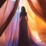 A silhouette of a figure in flowing fabric standing amidst soft, billowing curtains transitioning from orange to purple, with light filtering through to create a dreamy, ethereal atmosphere.