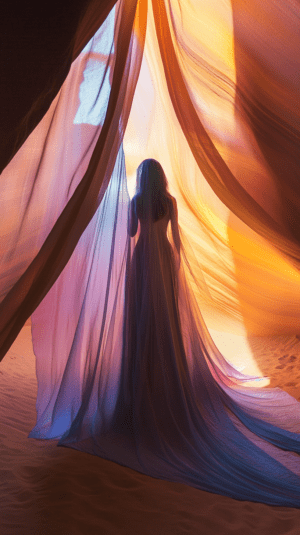 A silhouette of a figure in flowing fabric standing amidst soft, billowing curtains transitioning from orange to purple, with light filtering through to create a dreamy, ethereal atmosphere.