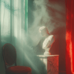 A marble bust illuminated by soft light in an interior setting, surrounded by shadows and smoke. Rich red and green hues frame the composition, with an elegant chair suggesting nostalgia.