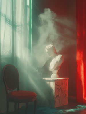 A marble bust illuminated by soft light in an interior setting, surrounded by shadows and smoke. Rich red and green hues frame the composition, with an elegant chair suggesting nostalgia.