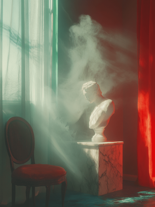 A marble bust illuminated by soft light in an interior setting, surrounded by shadows and smoke. Rich red and green hues frame the composition, with an elegant chair suggesting nostalgia.