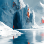 A lone figure in a red coat stands in front of a serene icy landscape, surrounded by snow-capped mountains and vibrant orange cliffs, reflecting the spirit of exploration.