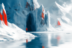A lone figure in a red coat stands in front of a serene icy landscape, surrounded by snow-capped mountains and vibrant orange cliffs, reflecting the spirit of exploration.