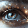 A close-up of an eye featuring galaxies and sparkling stars within the iris, symbolizing the connection between humanity and the cosmos.