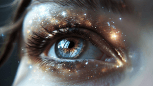 A close-up of an eye featuring galaxies and sparkling stars within the iris, symbolizing the connection between humanity and the cosmos.