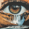 A surreal painting featuring a detailed human eye seamlessly merging with a cascading waterfall, symbolizing vision and nature’s harmony.