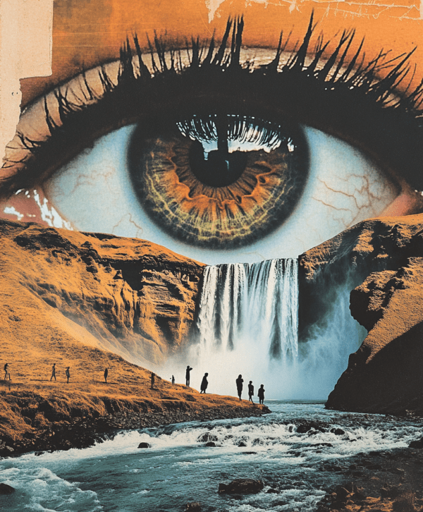 A surreal painting featuring a detailed human eye seamlessly merging with a cascading waterfall, symbolizing vision and nature’s harmony.