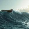 A wooden boat rides a towering wave, framed by the deep blue ocean and golden sunlight, symbolizing exploration and resilience against nature's might.
