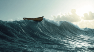 A wooden boat rides a towering wave, framed by the deep blue ocean and golden sunlight, symbolizing exploration and resilience against nature's might.