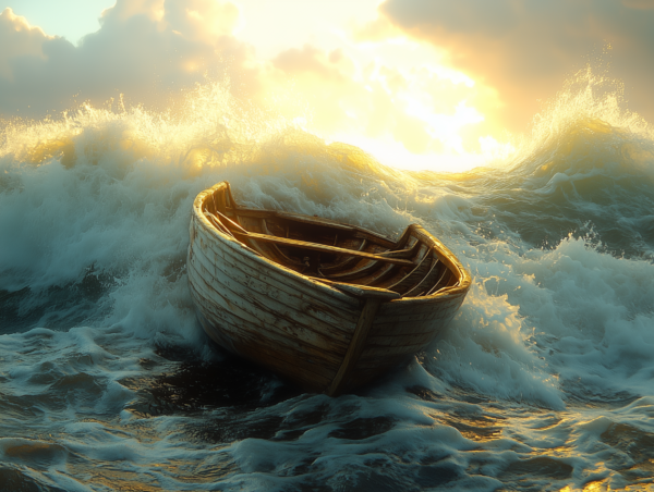 A battered boat struggles against crashing waves, illuminated by the warm glow of the setting sun, evoking themes of perseverance and hope.
