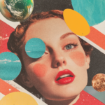 A surreal collage artwork featuring a young woman’s portrait adorned with celestial elements, whimsical planets, and cosmic imagery.