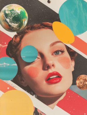 A surreal collage artwork featuring a young woman’s portrait adorned with celestial elements, whimsical planets, and cosmic imagery.