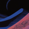 A futuristic desert with smooth, colorful dunes under a vast starry sky, where a glowing planet hovers in the distance.
