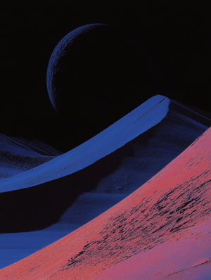 A futuristic desert with smooth, colorful dunes under a vast starry sky, where a glowing planet hovers in the distance.