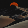 A serene desert with smooth, rolling dunes under a dark sky, illuminated by a striking orange moon rising above the horizon.