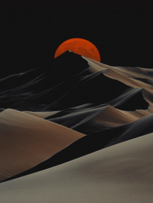 A serene desert with smooth, rolling dunes under a dark sky, illuminated by a striking orange moon rising above the horizon.