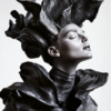 A sculptural figure with sweeping, fluid lines resembling waves or petals, evoking a sense of elegance and motion.