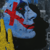 A striking profile of a figure with an "X" across the face, set against a layered urban collage with bold red and blue contrasts, symbolizing defiance and self-expression.