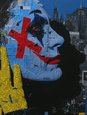 A striking profile of a figure with an "X" across the face, set against a layered urban collage with bold red and blue contrasts, symbolizing defiance and self-expression.