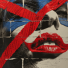 A striking face adorned with expressive markings, emerging from a textured urban backdrop of vivid red, blue, and white, symbolizing the power of rebellion and self-expression.