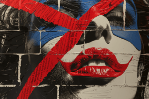 A striking face adorned with expressive markings, emerging from a textured urban backdrop of vivid red, blue, and white, symbolizing the power of rebellion and self-expression.